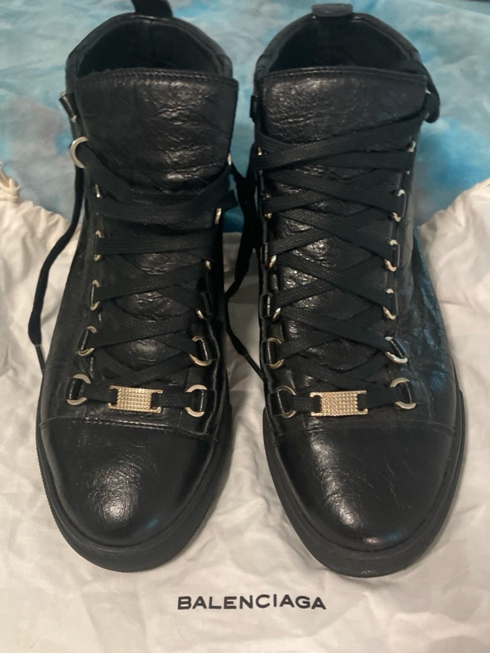Balenciaga Black Leather High-Top Lace-Up Sneakers with Gold Hardware